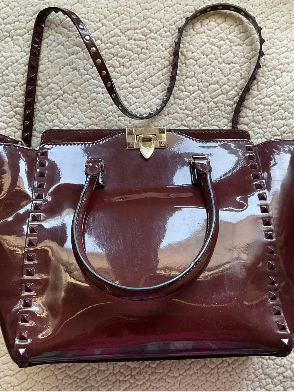 Valentino Garavani Wine Patent Leather RockStud Tote